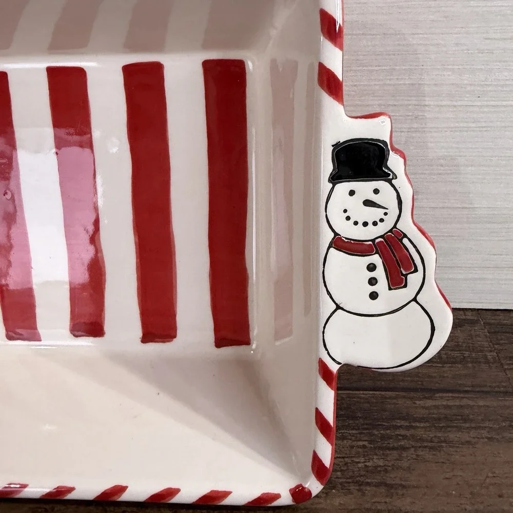 Nantucket Home Christmas Snowman Ceramic Loaf Baking Dish Pan Stripes Polka Dot